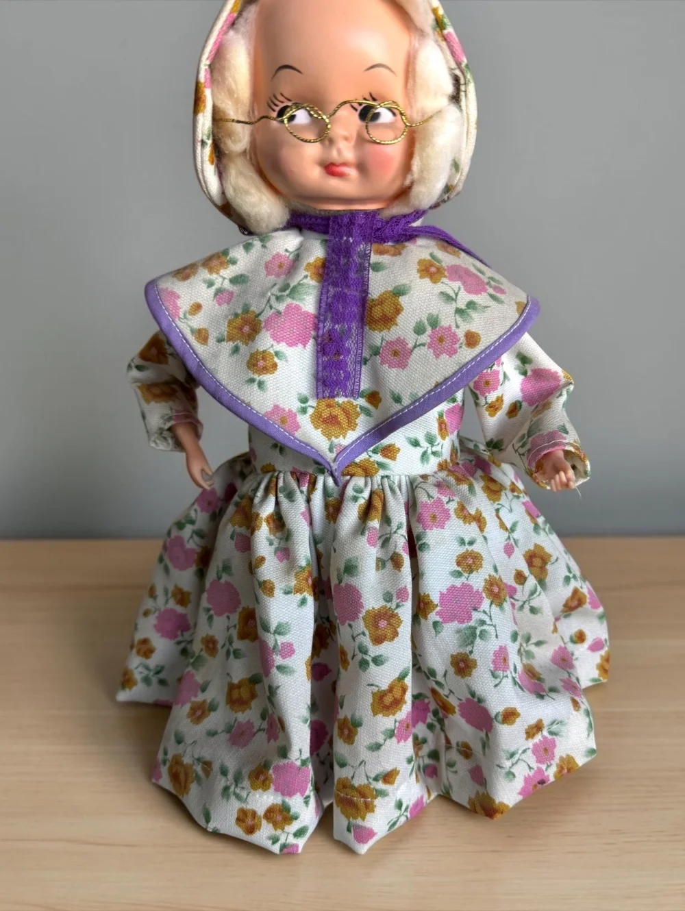 Vintage 1950s Grandma Doll with Floral Dress and Wire Glasses, Mid-Century